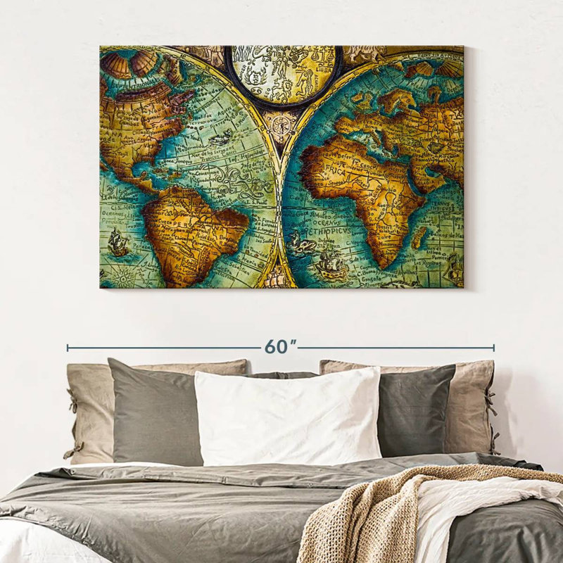 Carte du vieux monde sur toile, H 34 po x l 51 po x P 1,25 po