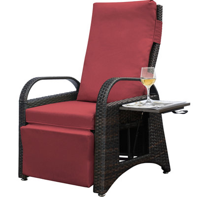 Fauteuil inclinable de jardin avec réglage à 2 boucles, coussin amovible et matériau protégé, mécanisme d'inclinaison de patio brun et rouge, tissé à la main, tissu aquatique