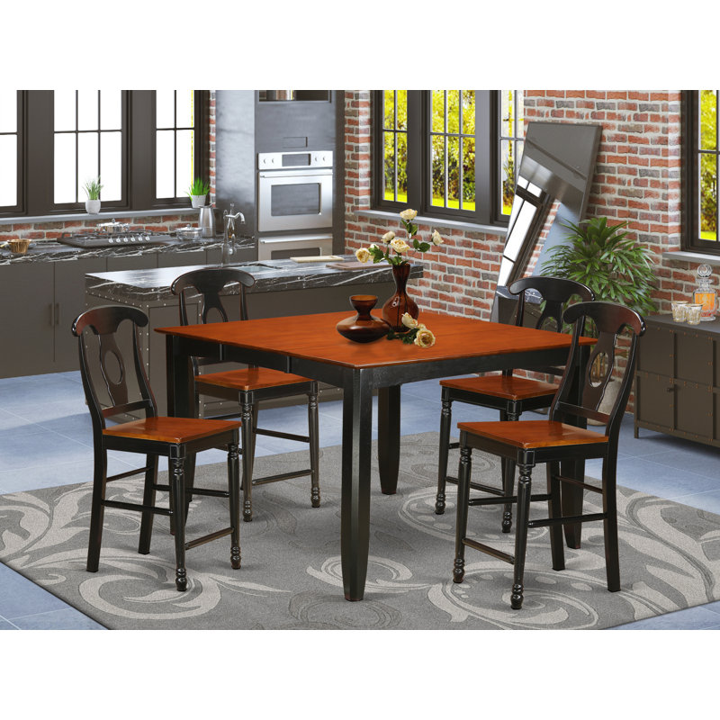 5 Piece Counter Height Dining Set Includes a Square Kitchen Table with Pedestal and 4 Dining Room Chairs, Black & Cherry