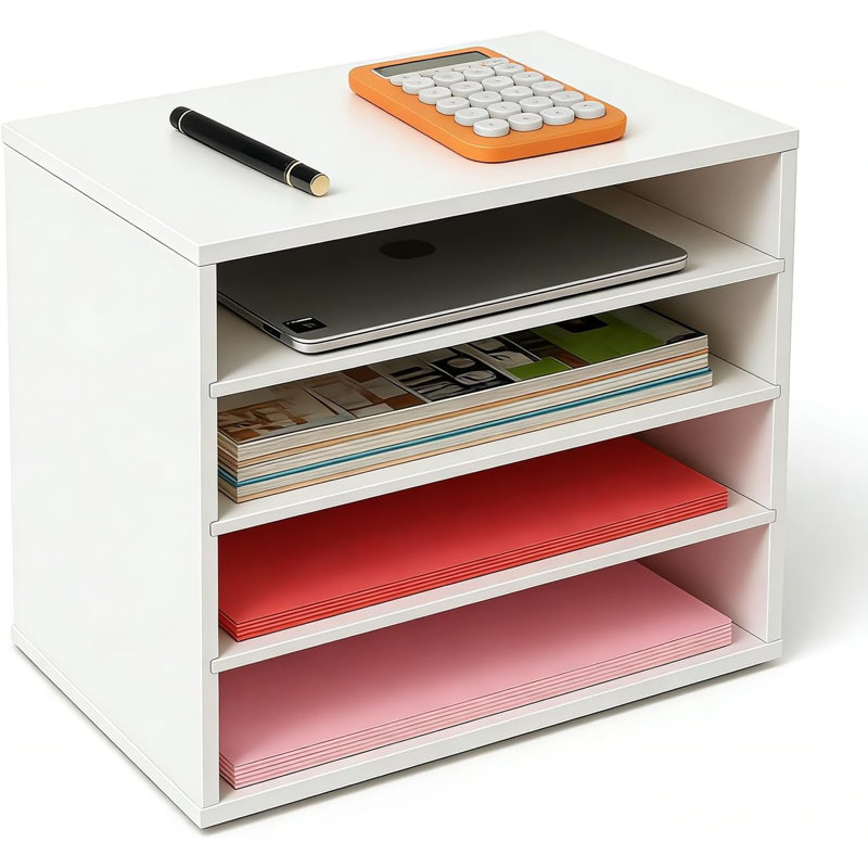 Organisateur de papier réglable à 4 niveaux, organiseur de bureau grande capacité pour livres / magazines / dossiers de bureau, séparateurs en bois, 7 lb par tablette, blanc