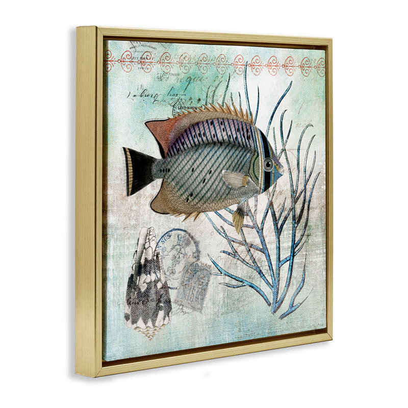 Sea Life avec des accents rétro, Cadre flottant métallique doré, H 18 po x l 18 po