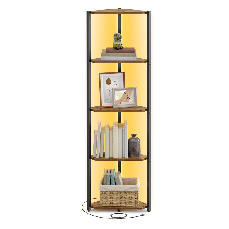5-Tier Corner Bookcase with LED Lights, Rustic Brown
