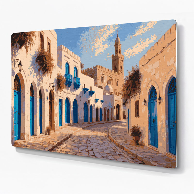 Art mural en métal Beige avec villes tunisiennes, H 20 po x l 24 po
