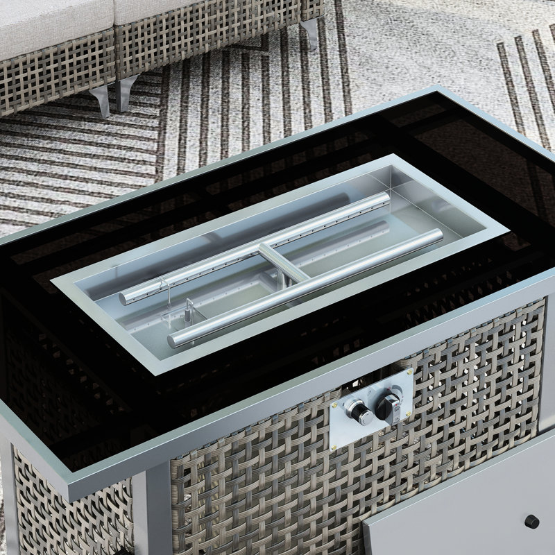 Table de foyer rectangulaire au propane de 43 pouces, 60 000 BTU, tissage ajouré gris, avec décoration en pierre de verre bleue et pare-vent trempé pour les moments conviviaux en extérieur. Conception à gaz gris, coupe-vent, couvercle amovible, 9 kg (20 lb).
