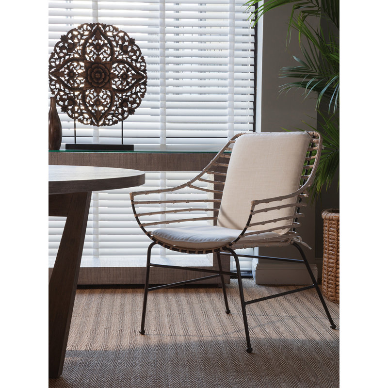 Coastal White Washed Rattan and Metal Arm Chair with Linen Pads