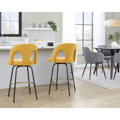 Tabouret de comptoir à hauteur fixe avec pivot en métal noir et tissu jaune avec repose-pieds rond en métal doré - ensemble de 2