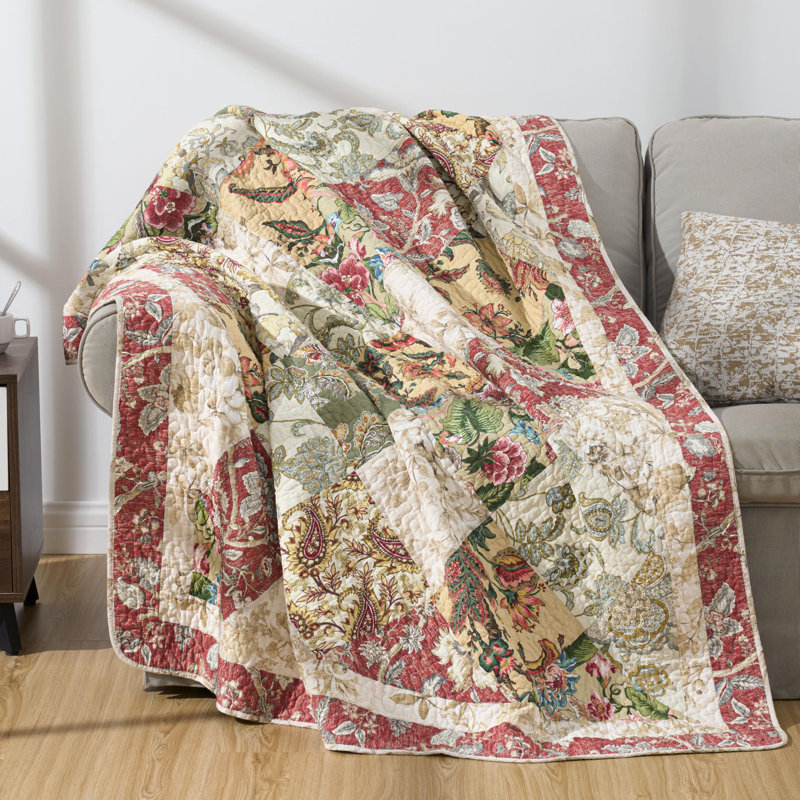 Lunaria Cotton Patchwork Quilted Throw, Red/Ivory/Green/Brown Patchwork