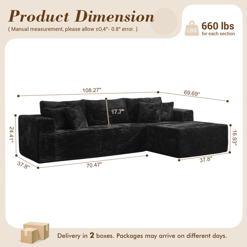 Canapé modulaire rembourré 2 pièces Boneless, Velours côtelé noir, Orienté à droite