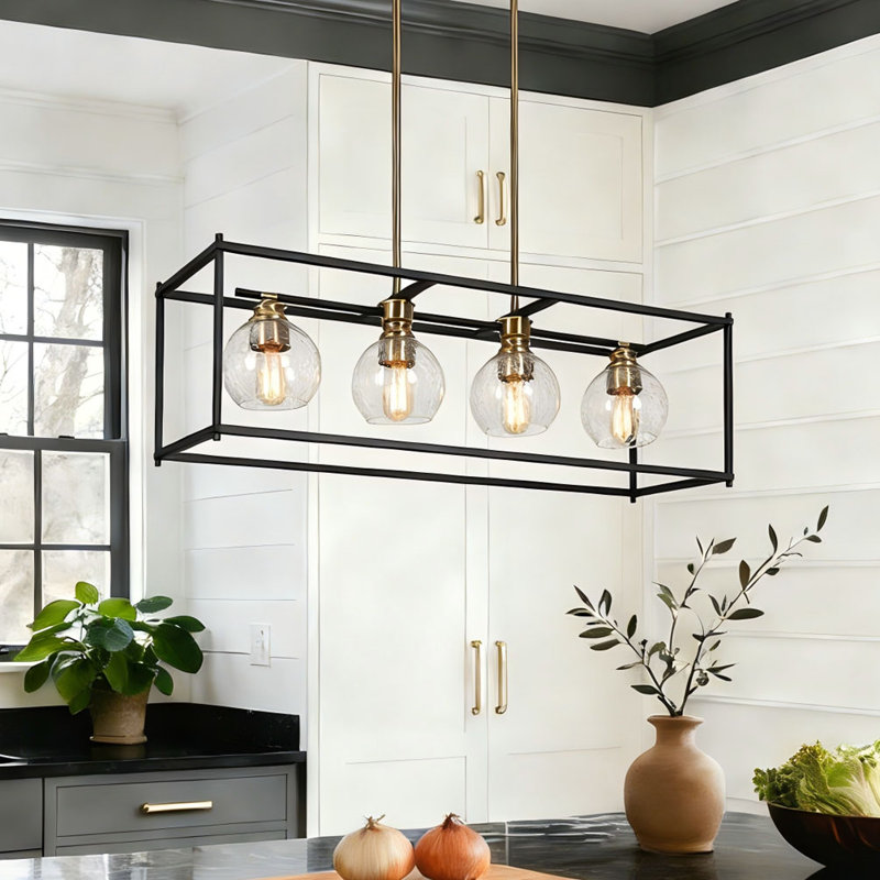 Jorinde 4-Light Modern Farmhouse Rectangle Black Metal  Chandelier with Seeded Glass Shade