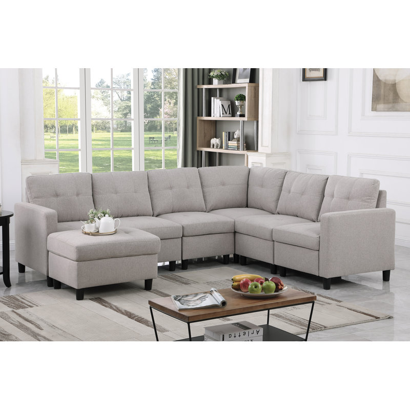 Mercola 7 - Piece Upholstered Tufted Back Corner Modular Sectional with Ottoman, Light Gray Linen Blend