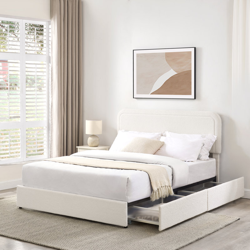 Queen Size Upholstered Storage Platform Bed with 2 Drawers, Curved Tufted Boucle Headboard, Wooden Slat Support, Ivory