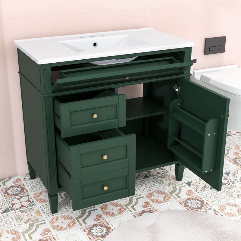 Ensemble de meuble-lavabo simple autoportant avec lavabo en céramique et tiroirs de rangement Eliga, Green