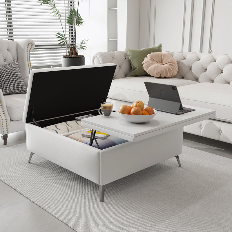 Bancs carrés avec rangement à plateau relevable et table, Blanc