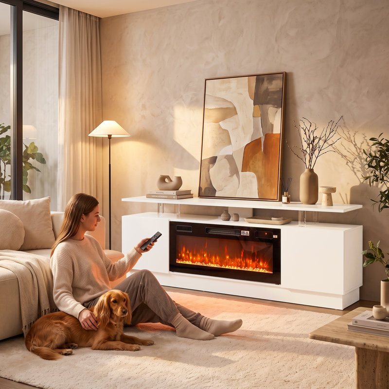 Meuble télé avec foyer électrique pour téléviseurs de 80 pouces, bande DEL, 750/1500 W, blanc
