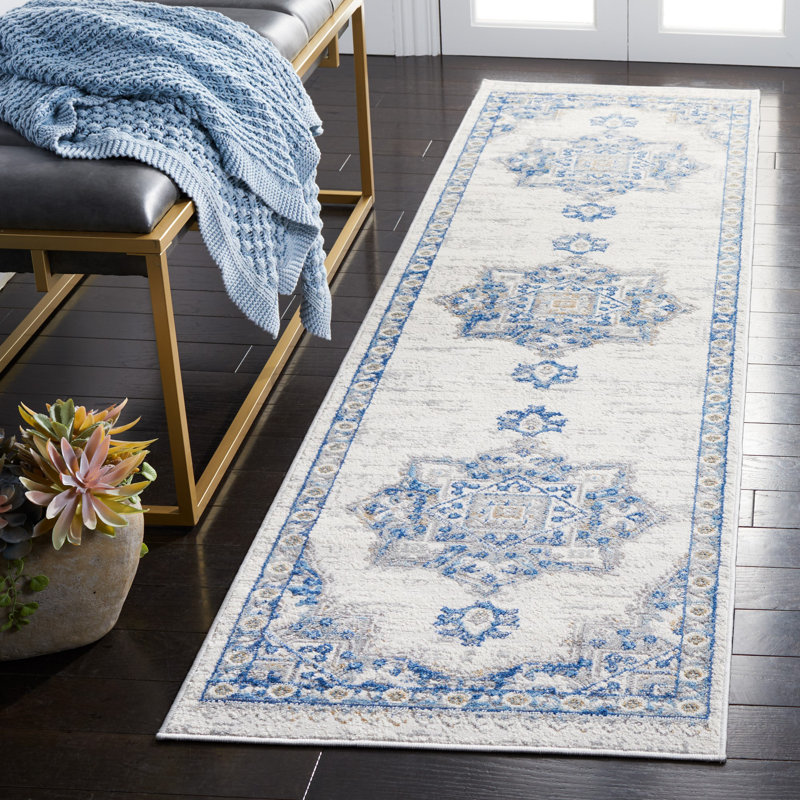 Tapis oriental ivoire / bleu Platita, Tapis de couloir 2 pi 2 po x 8 pi