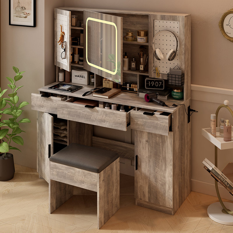 Grand ensemble de coiffeuse avec miroir lumineux à DEL, Noir, noir, noir, noir, Gris