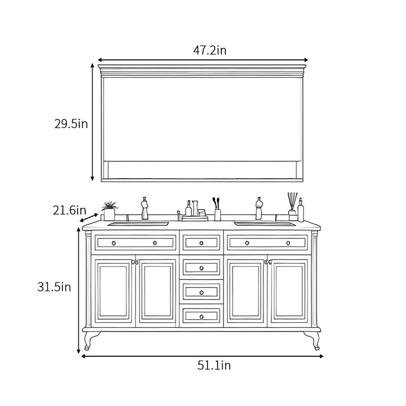 American retro upscale bathroom cabinet, 31.5" H x 51.1" W x 21.6" D