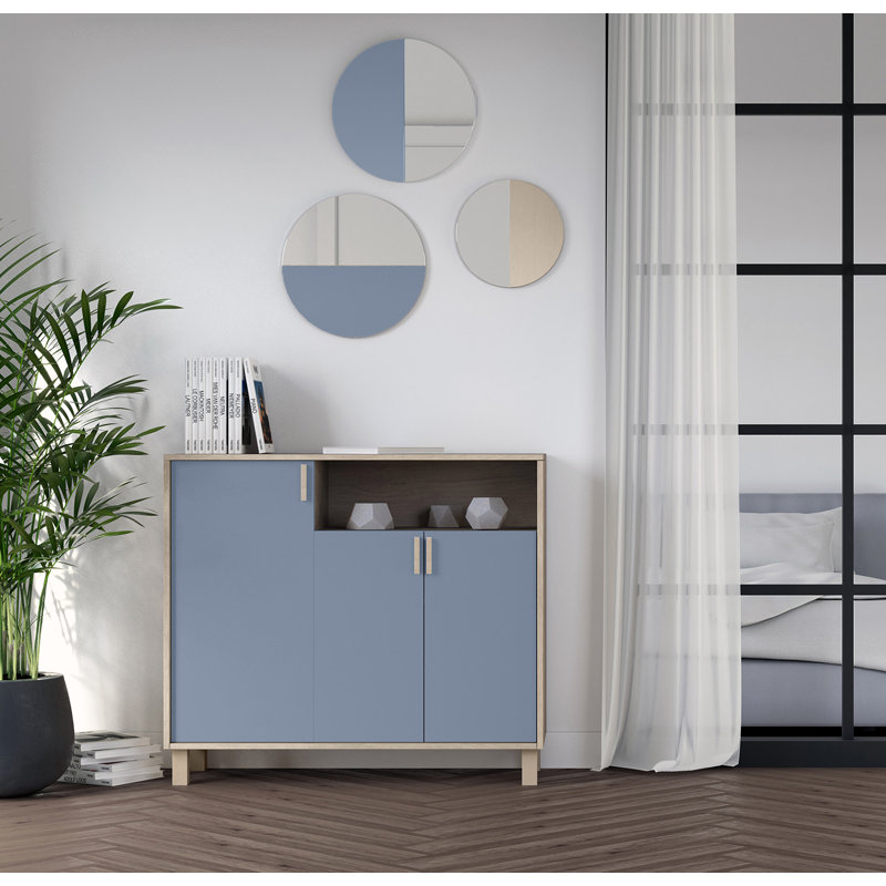 16 Pair Shoe Storage Cabinet, Light Oak Blue