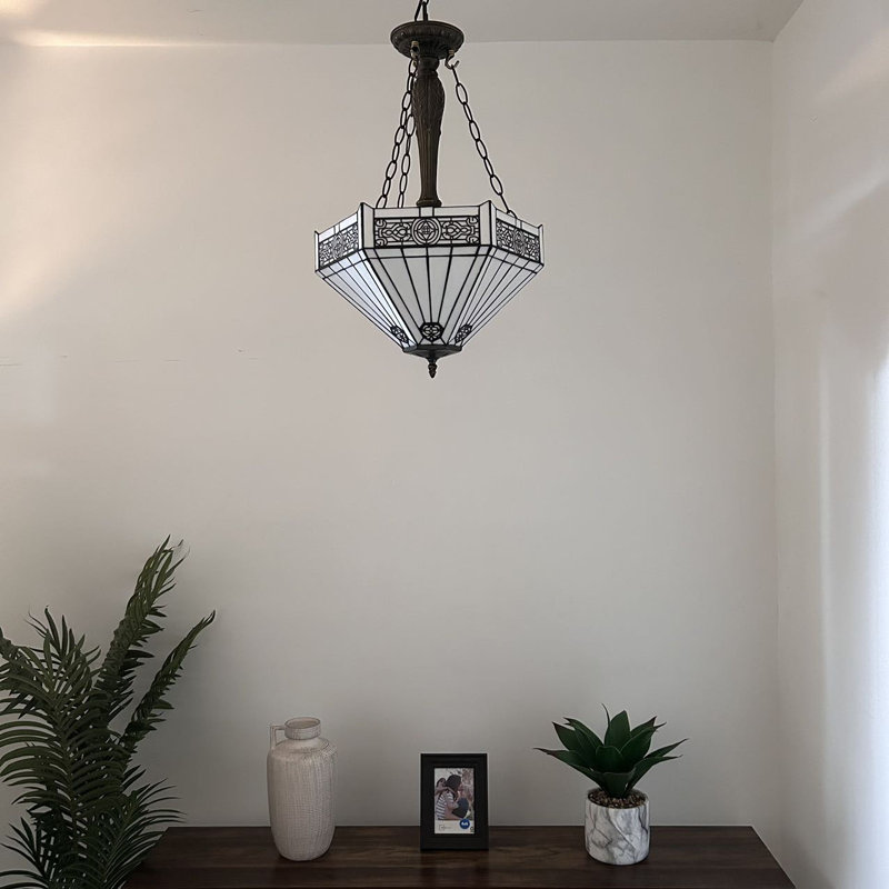 Spuyten Tiffany Pendant Lights Ceiling Light White Stained Glass Hexagon LED Bulbs Included 16"W*16"D*60"H, White