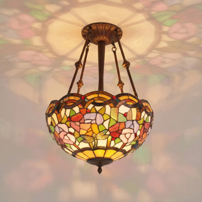 3 Light Dimmable Tiffany Style Dragonfly Semi-Flush Mount Ceiling Light Fixture, Pastoral Lotus Flower Stained Glass Chandelier