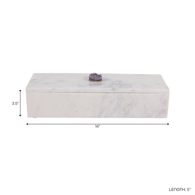 Decorative Marble Box With Agate Knob For Home Decor - Functional Jewelry Box With Lid, Keepsake Storage, And Organizer Box For Bedroom - 14", White