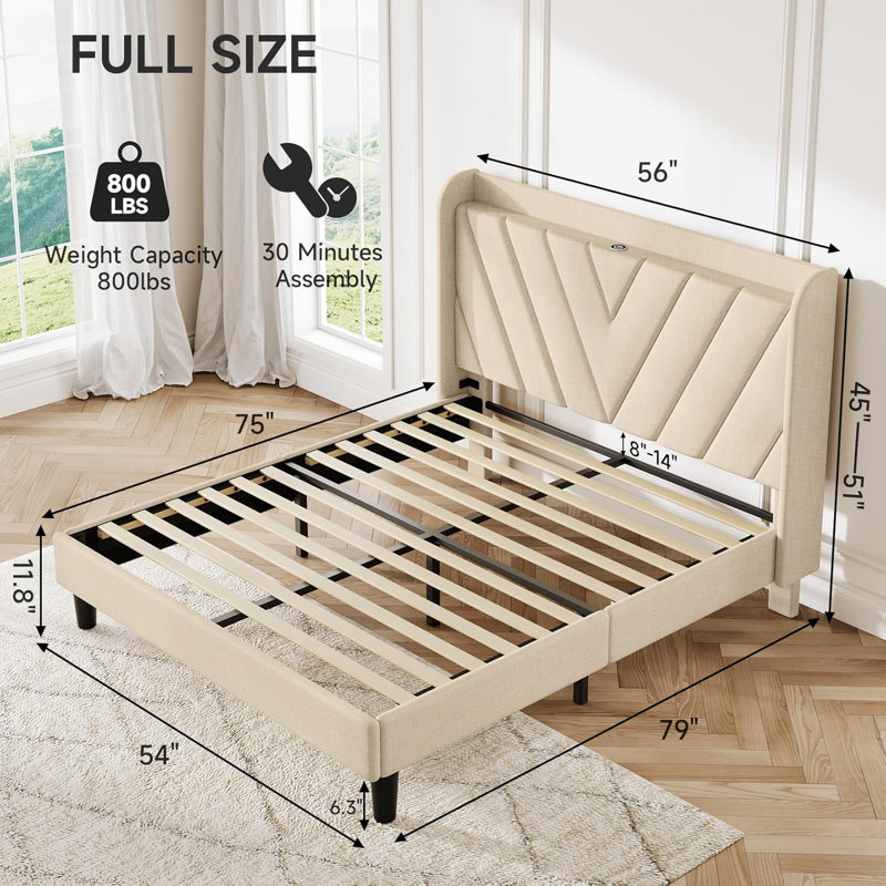 Tufted Velvet Upholstered Bed with Charging Station & Storage Shelf (Beige, Full Size), Full, Beige