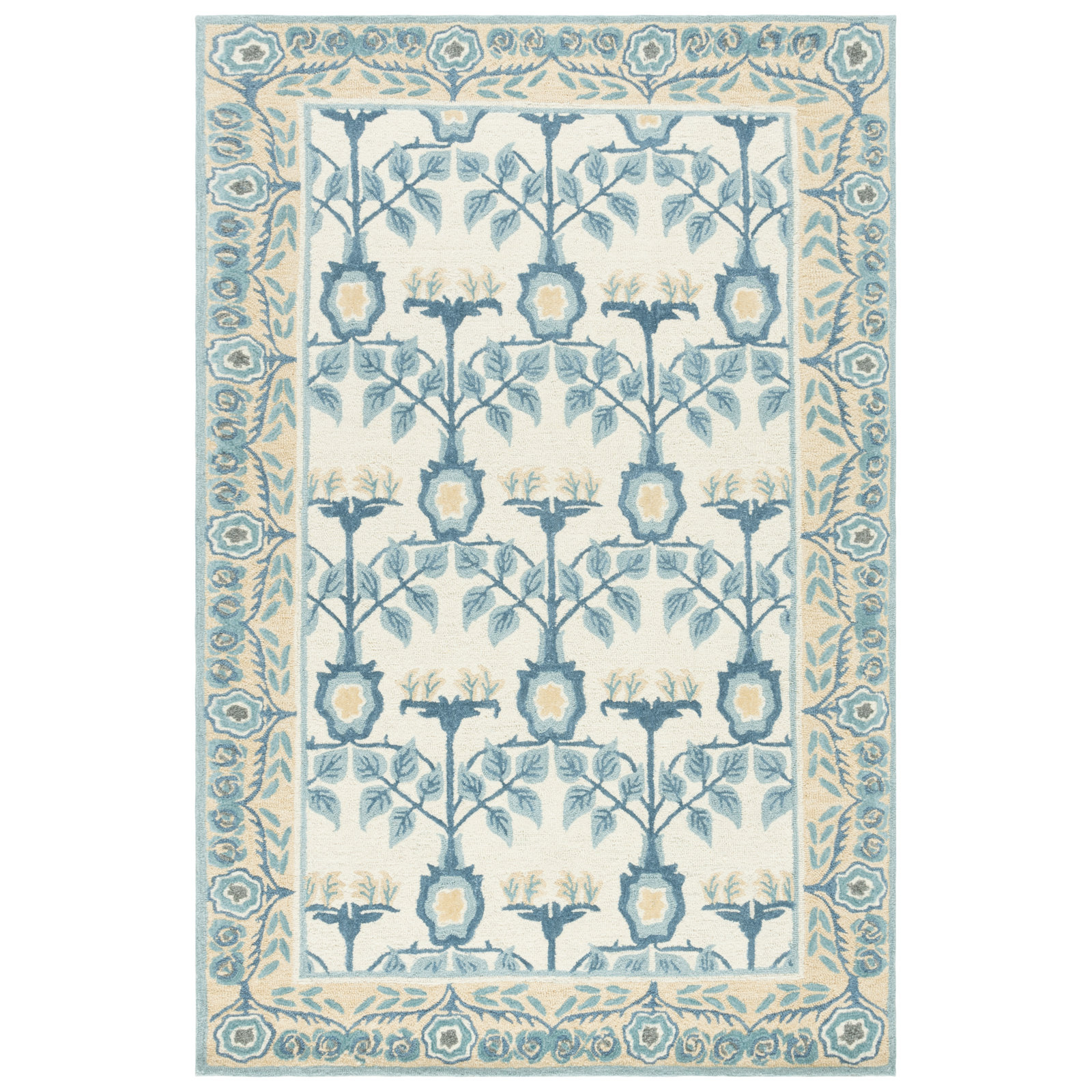 Ivory Blue Hand-Tufted Floral Wool Rug, Rectangle 4' x 6'