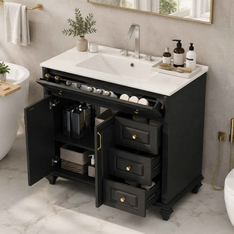 Meuble-lavabo de 36 pouces (91 cm) avec tiroir rabattable et poignées dorées, Black