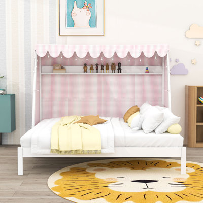 House Bed with Trundle, Tent, LED Lights and Shelf