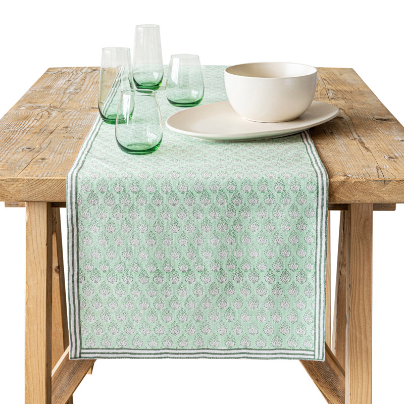 over&back Hand-Blocked Printed Cotton Table Runner, 18" W x 108" L, Green Leaf