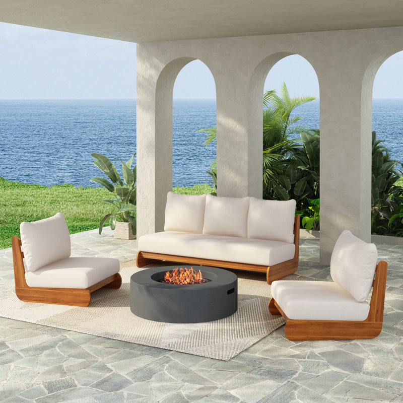 Noeleen Outdoor 3-Piece Acacia Wood Conversation Set With Cushions (Table Not Included), Cream
