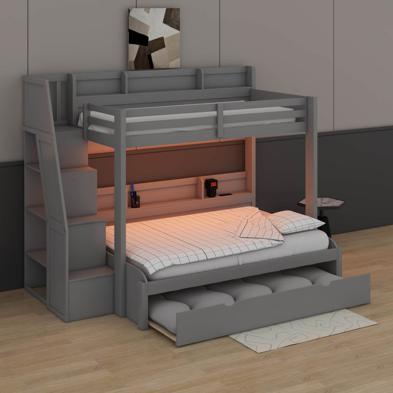 Lit superposé avec escalier de rangement, lit gigogne, tablettes intégrées et port USB, cadre de lit superposé en bois avec DEL