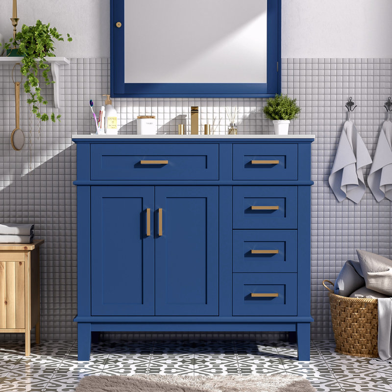 Meuble-lavabo moderne avec lavabo en céramique, Bleu