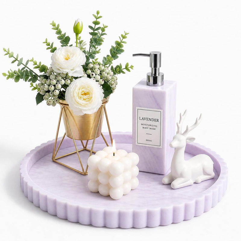 23×23?cm Silicone Round Vanity Tray, Scalloped Edge Decorative Countertop Storage Organizer for Bathroom, Marble White Purple