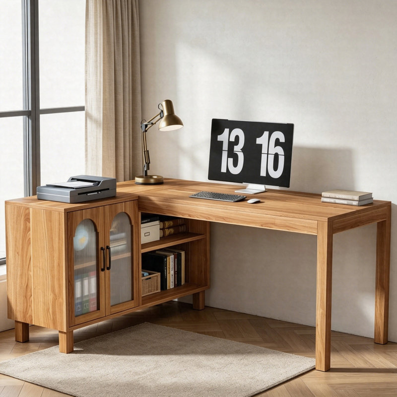 Bureau de direction en L 59 po, bureau d'ordinateur en coin avec armoire de rangement et tablettes pour bureau personnel