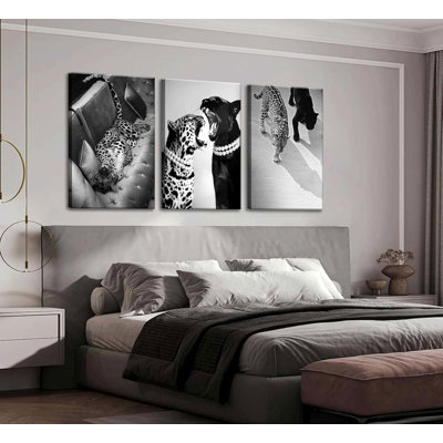 3 Pcs Black And White Cheetah Canvas Wall Art Vintage Trendy Wild Leopard Painting Picture Wall Decor Poster Print Artwork For Bedroom Living Room Apartment Home Decoration(24Lx16w-Canvas)
