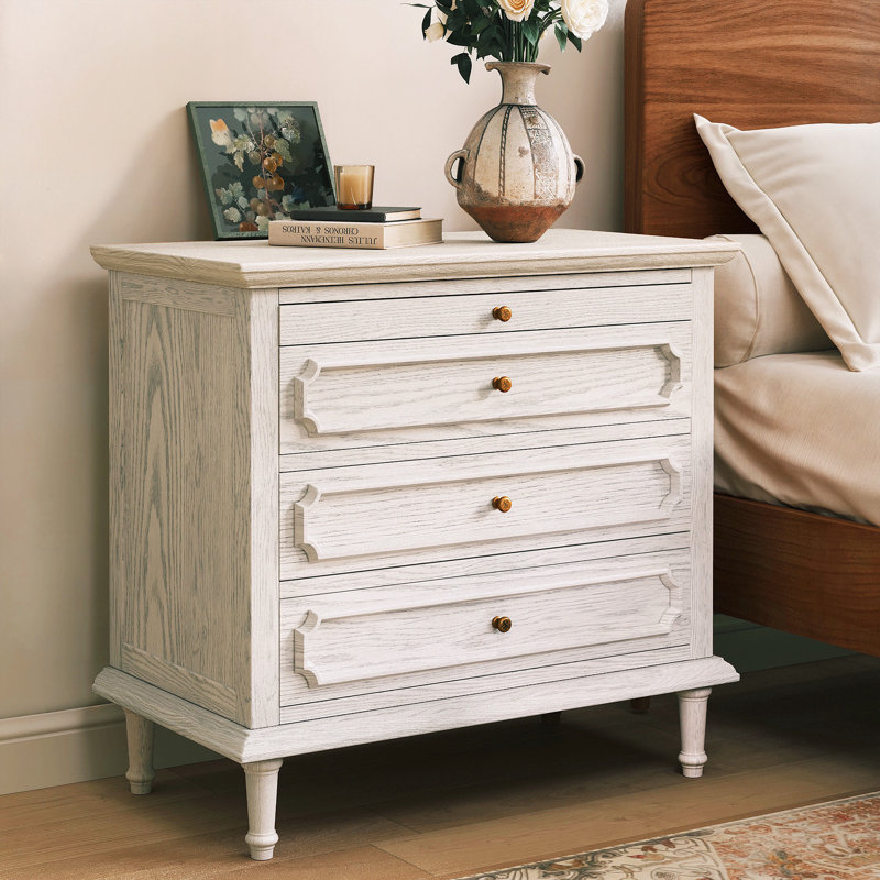Traditional 28.3''W 3-Drawer Solid Wood Nightstand with Built-in Outlets and Pull-out Shelf, Mid-Century Vintage End Table with Charging Station, Modern Wooden Side Table for Bedroom, Living Room, Fully Assembled