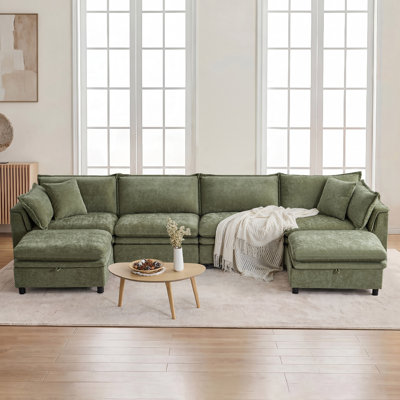 146'' Upholstered U-Shape Sectional Cloud Couch With Storage Ottoman