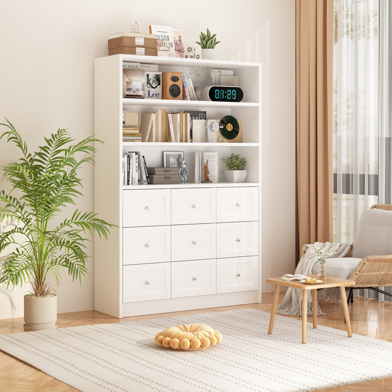 71'' H X 47'' W 9-Drawer White Bookcase With 3-Layer Shelf