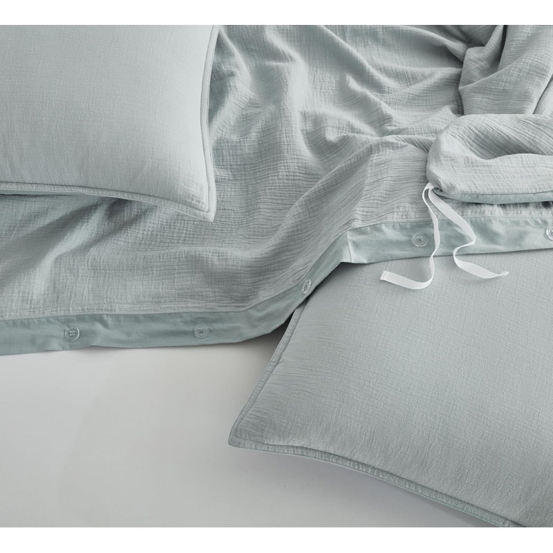 Breeze Cotton Gauze Duvet Cover Set, Queen Duvet Cover + 2 Standard Shams, Light Blue/Gray