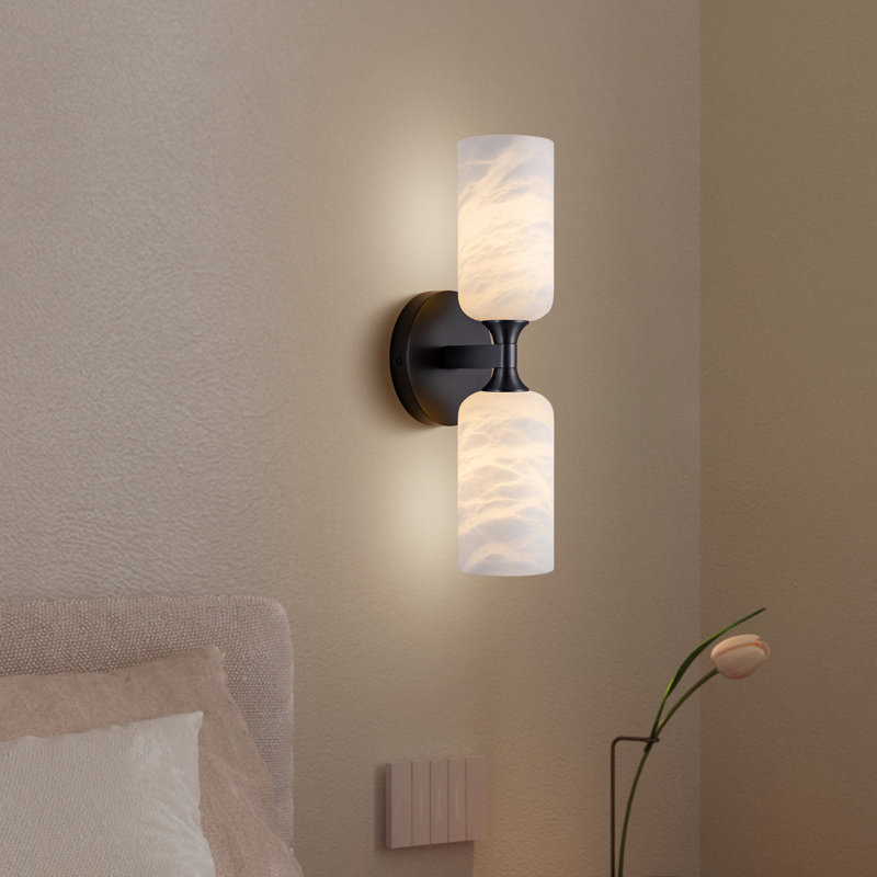 Aleinah 14" Modern White Alabaster Marble Bathroom Vanity Wall Sconces(Bulbs Included), Matte Black