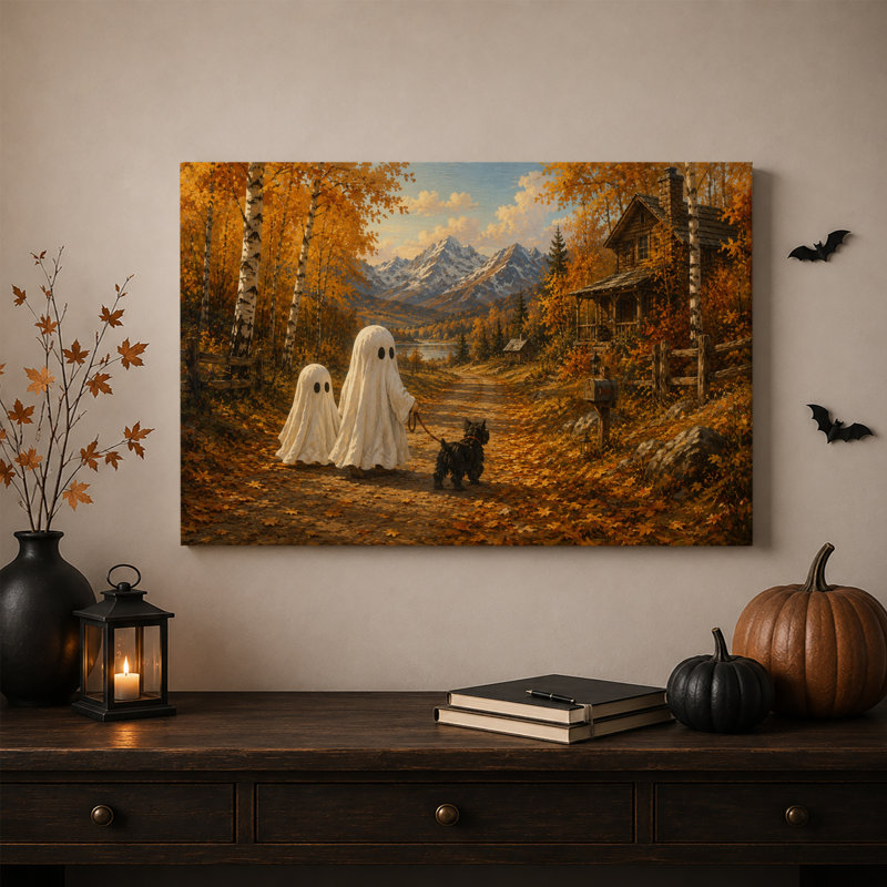 Deux fantômes promenant un chien sur un sentier doré d'automne près de l'Halloween - Toile murale, H 24 po x l 36 po