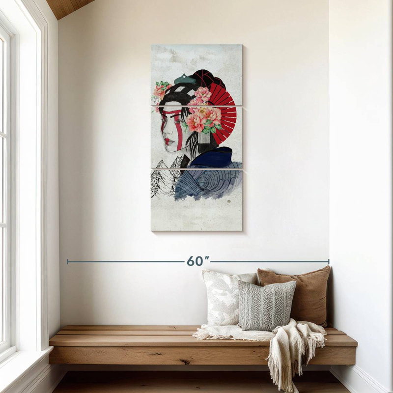 Portrait de femme Geisha, H 44 po x l 21 po