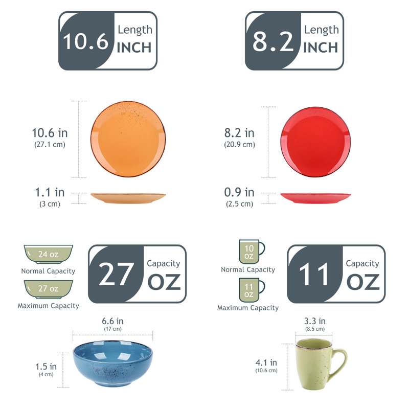 16 piece dinnerware set, service for 4 , Blue/Red/Green
