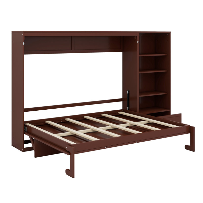Lit escamotable avec compartiments de rangement et tablette réglables en hauteur, cadre de lit mural avec 1 tiroir, lit plateforme pliable multifonctionnel