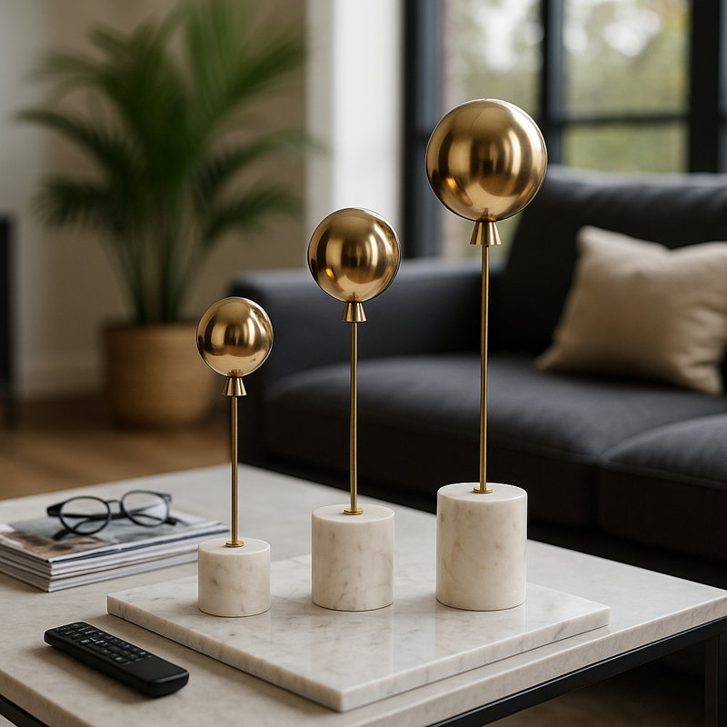 Decorative Balloon Statue Figurine with Marble Base for Home Decor – Minimalist Decorative Object for Shelf Styling and Living Room Decoration – Set of 3, 18", 15", 11", Gold & White
