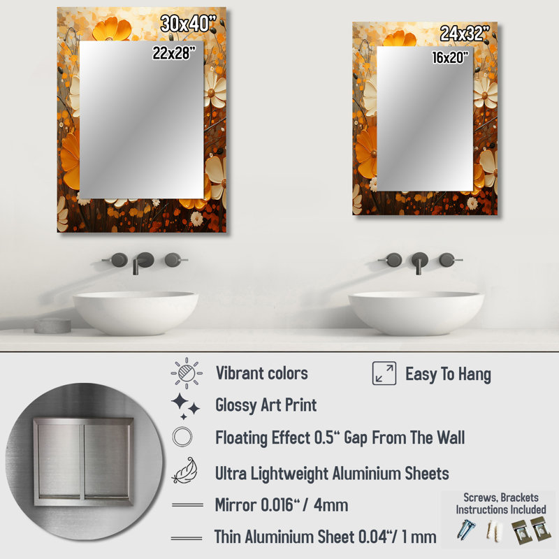 Gold Marigold Marigold Melody IV - Marigold Mirror, Traditional Unique Wall Mirror, Printed Metal Art, 40" x 30"