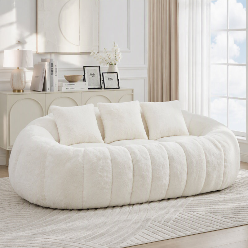 Canapé à deux places en fausse fourrure sans os avec motif floral, Fausse fourrure beige