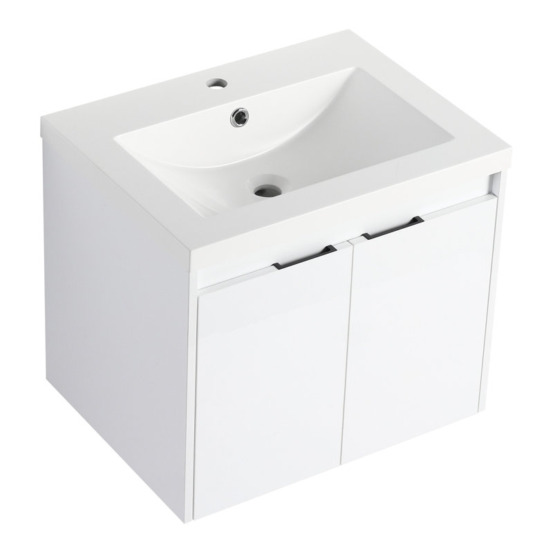 Meuble-lavabo moderne blanc brillant 48 po avec lavabo en résine, portes à fermeture en douceur, 1 armoire murale et armoire latérale, quincaillerie de porte de fermeture à option de rangement, conception à fixation flottante, contreplaqué