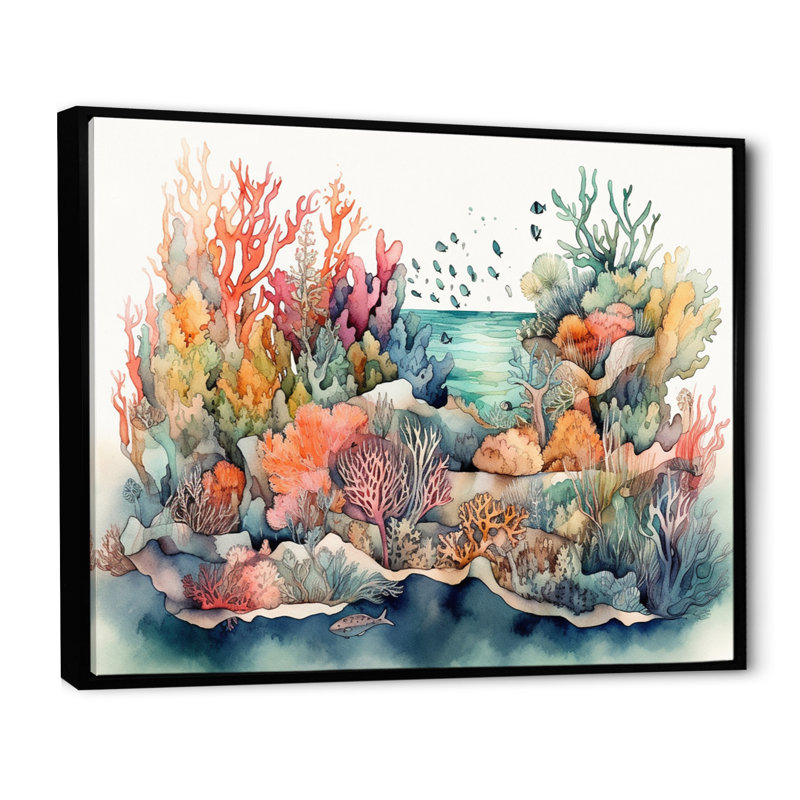 «Vibrant Coral Reef II - Modern Beach», reproduction sur toile encadrée, H 24 po x l 32 po x P 1 po, Cadre flottant noir